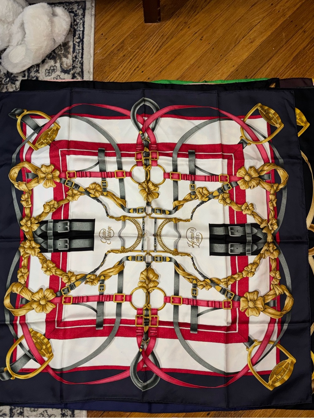 Hermes Navy, White, Red & Gold Equestrian Motif Silk Scarf